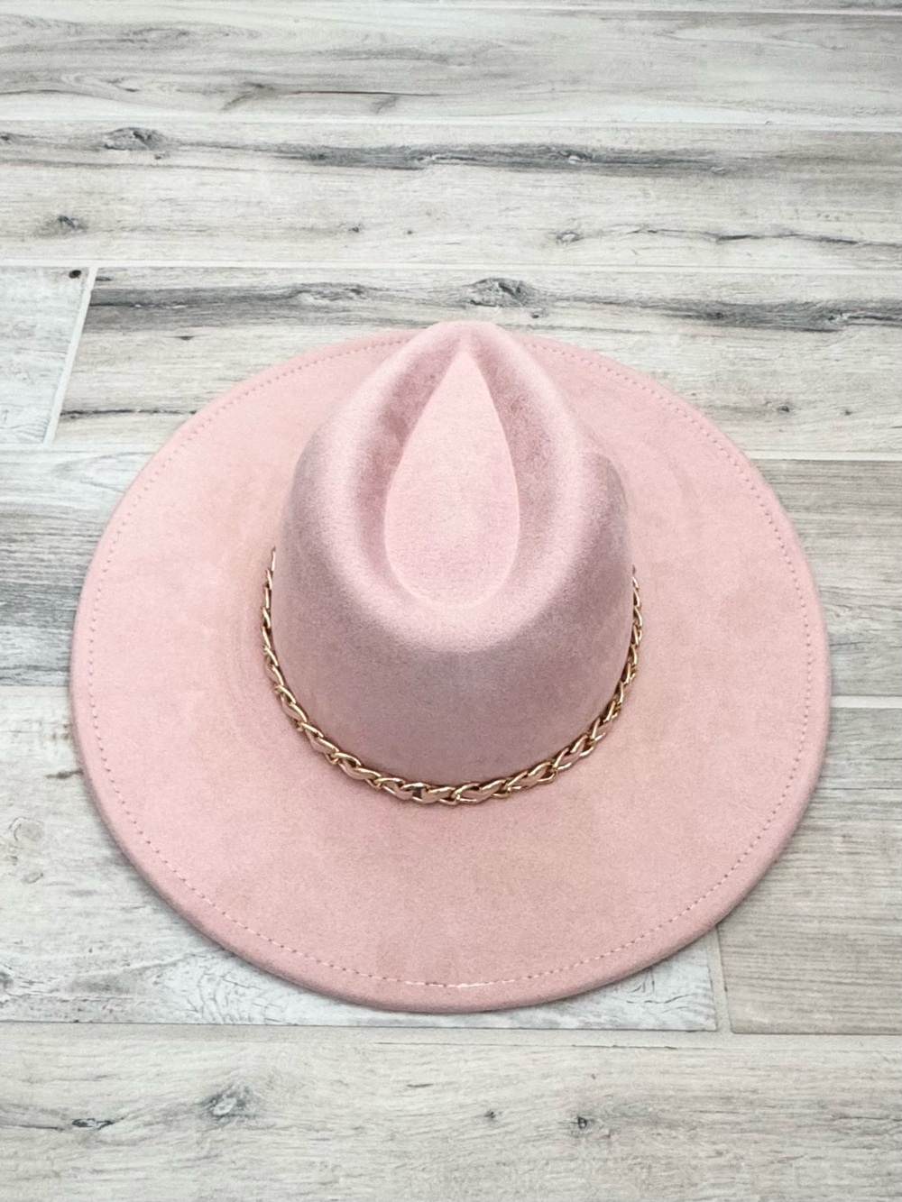Blush Pink Faux Suede Gold Curb Chain Trim Fedora